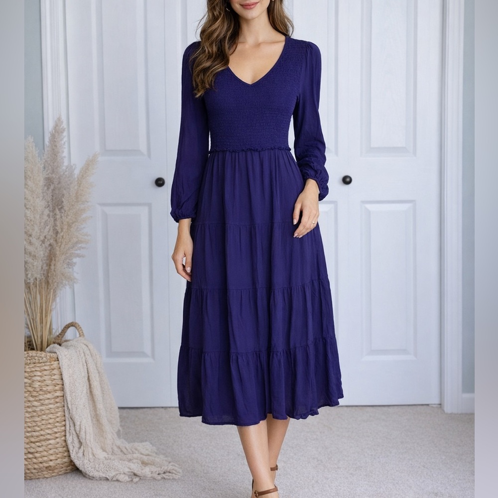 Annebouti Blue Smocked Tiered Long‎ Sleeve Midi Dress Size Medium V-Neck